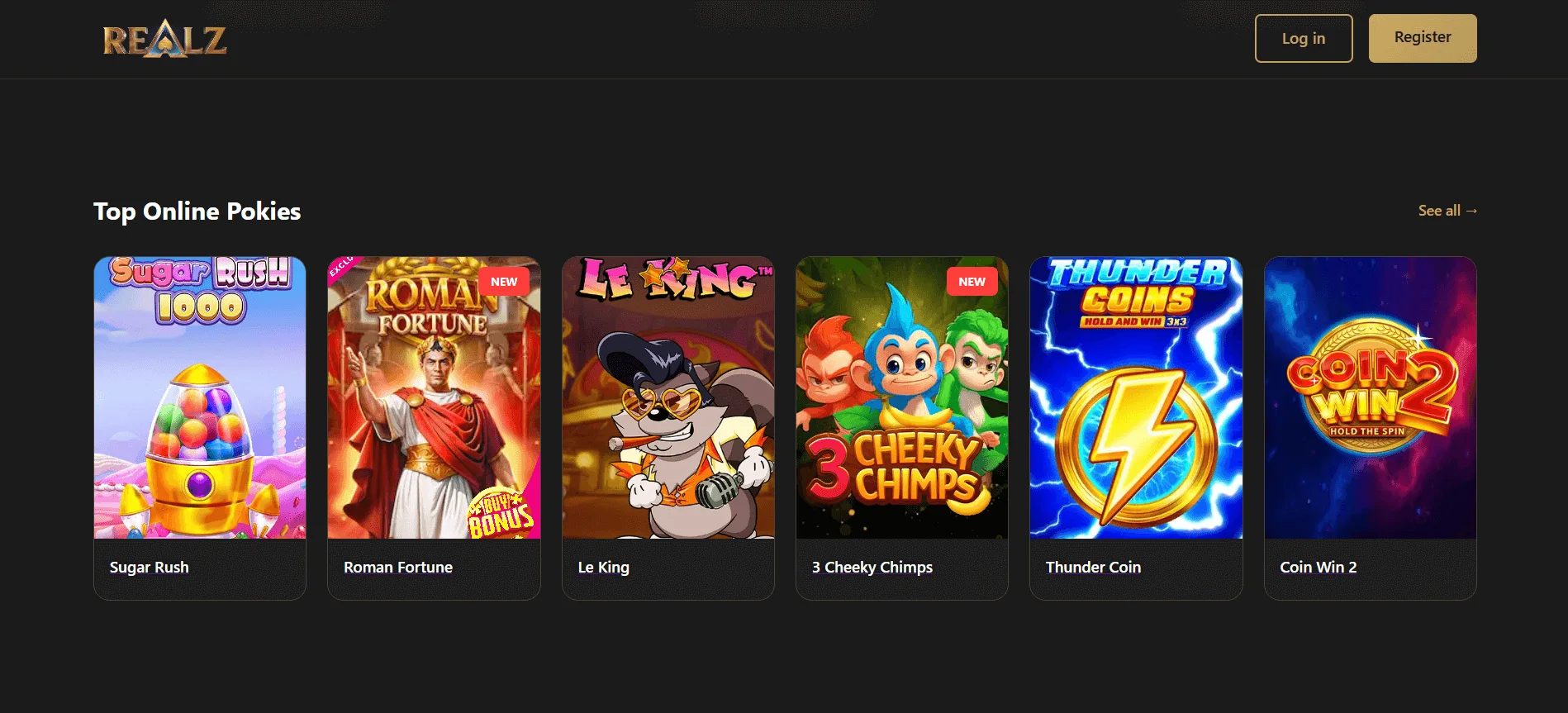 Realz Casino frontpage with their top online pokies